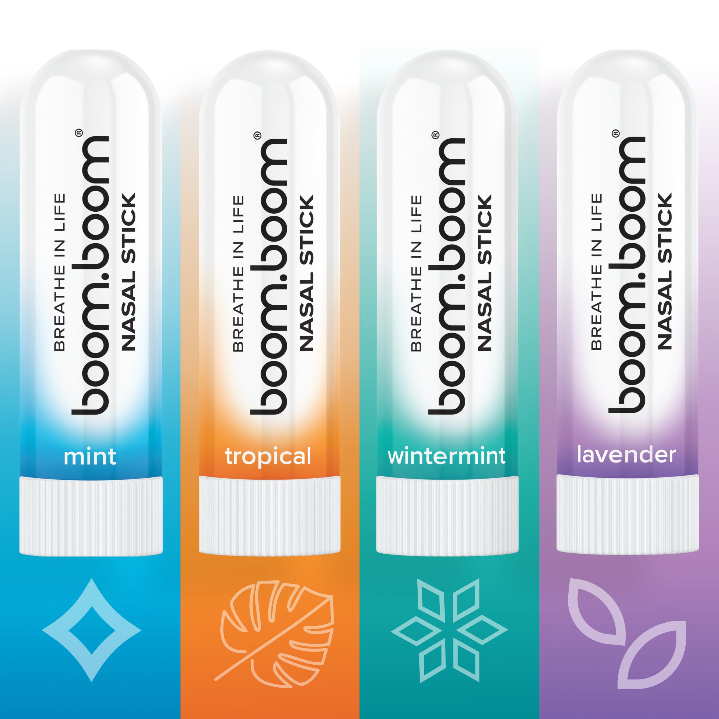 BoomBoom Nasal Stick | Vapor Flow Technology | Cool Refreshing Sensation | Natural Mood Boost | Simple Ingredients | Essential Oils + Menthol Inhaler (Mint, Wintermint, Tropical, Lavender)