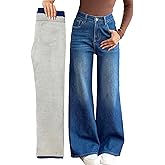 heipeiwa Women's Fleece Lined Jeans Wide Leg Baggy Winter Thermal Flannel Y2K Boyfriend Jean Denim Pants