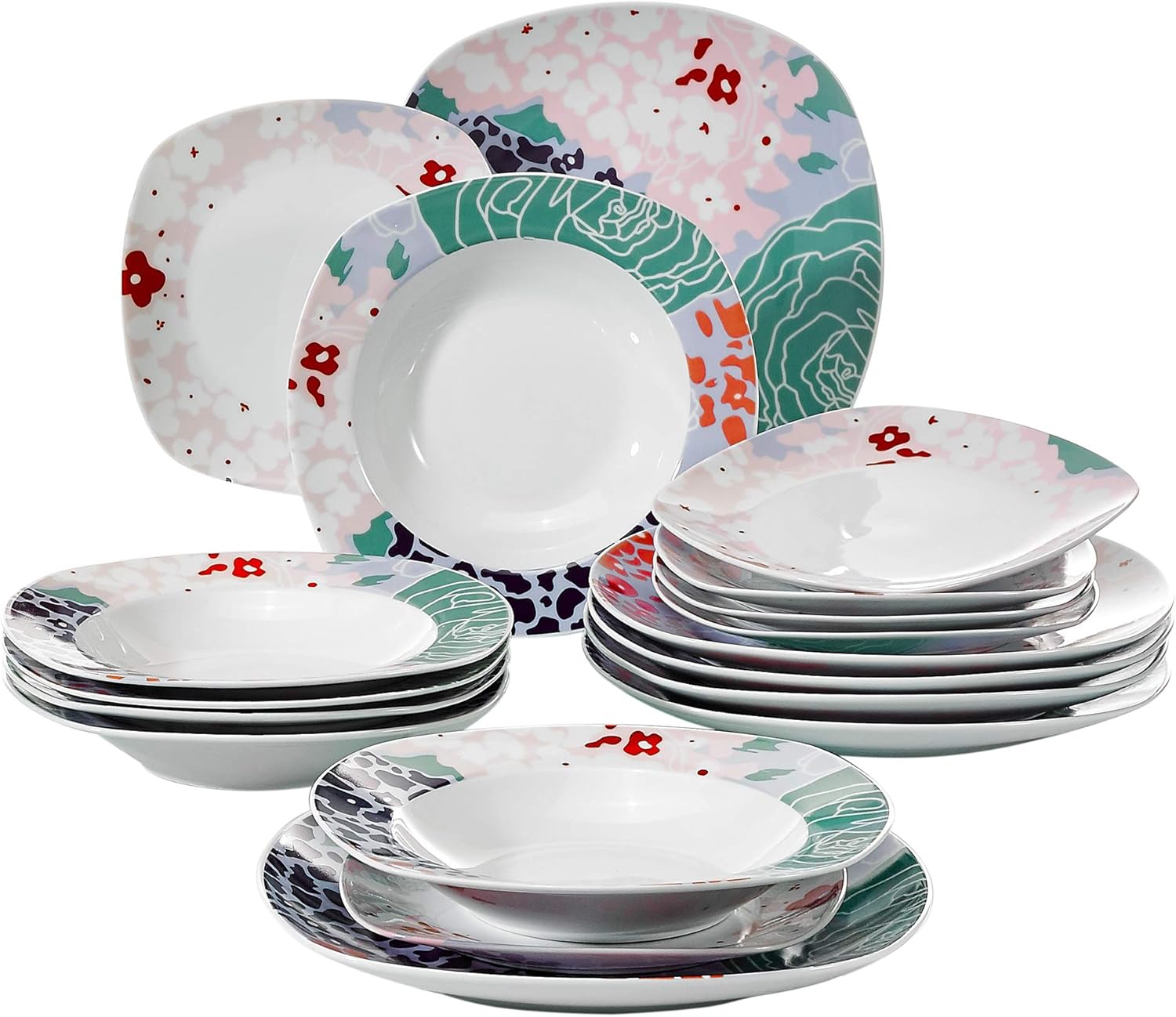 VEWEET 18Piece Dinnerware Splendor Square Porcelain Sets
