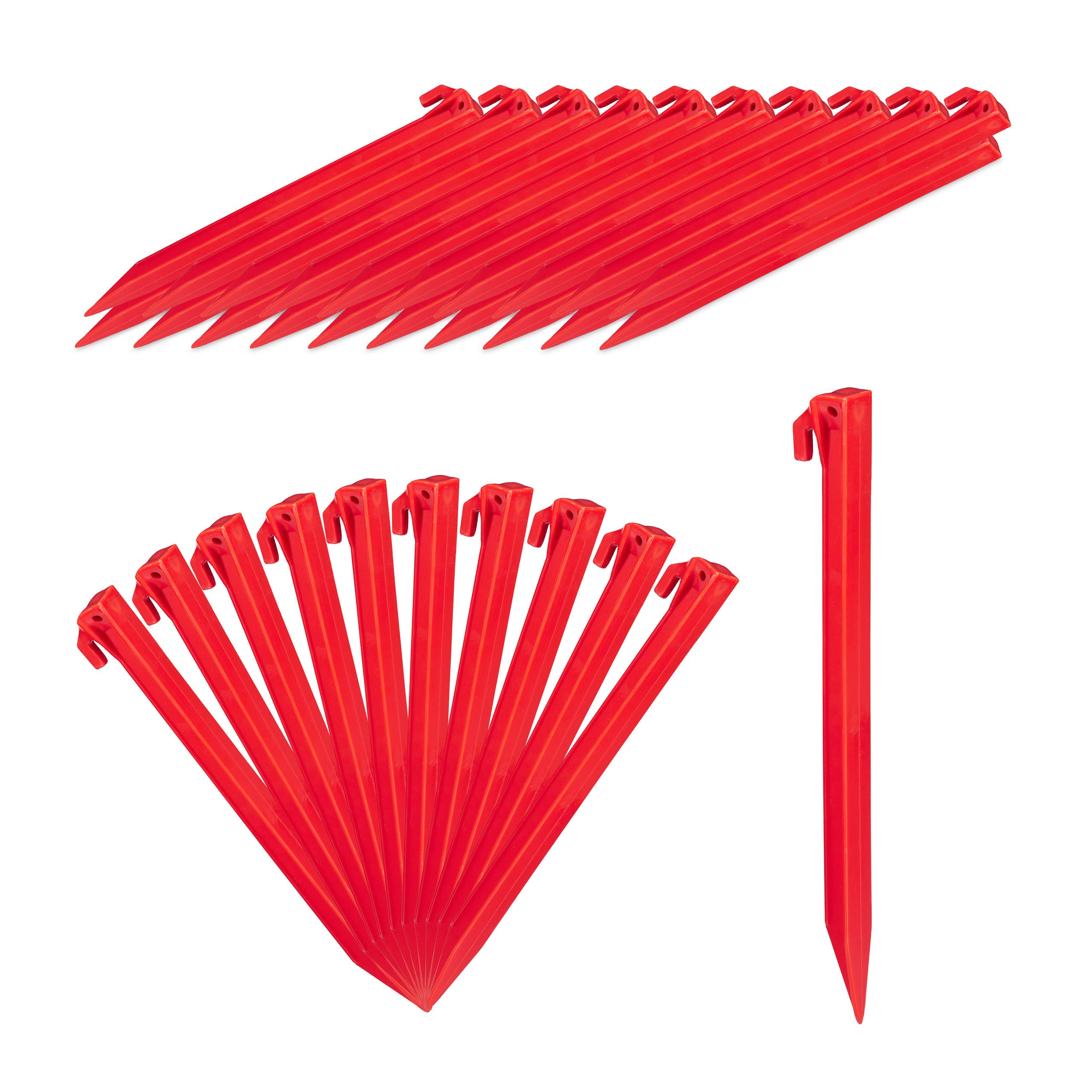 Relaxdays Tent Pegs Set of 32, Lightweight Anchor Pins, Soft & Sandy Terrain, 31 cm Long, Plastic, Stakes, Red