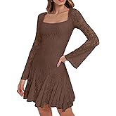 HYPERFIRE Women's Square Neck Floral Lace Mini Dress Flowy Short Dress Mesh Night Out Dresses Club Outfit