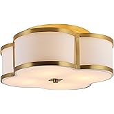 JONATHAN Y 18" Brass Gold Modern Scalloped LED Flush Mount Ceiling Light Fixture, White Linen Shade Quatrefoil Chandelier for