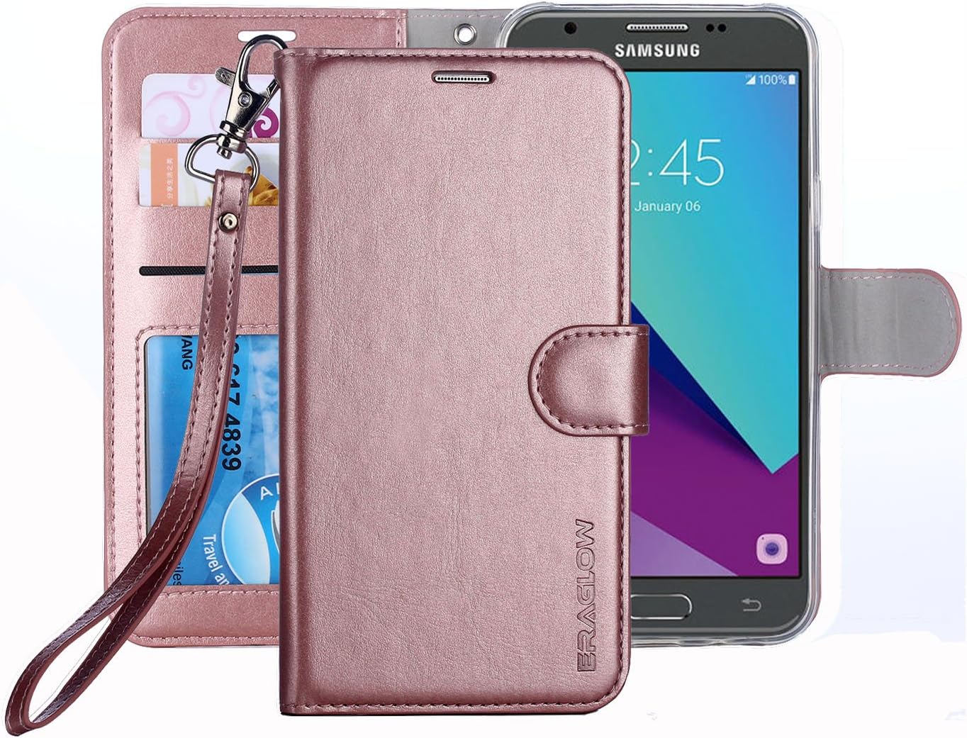 Galaxy J3 Emerge Case / J3 Prime / J3 Eclipse/Sol 2 / Amp Prime 2 Case, ERAGLOW PU Leather Wallet Flip Protective Cover with Card Slots & Kickstand for Samsung Galaxy J3 2017 (Rose Gold)