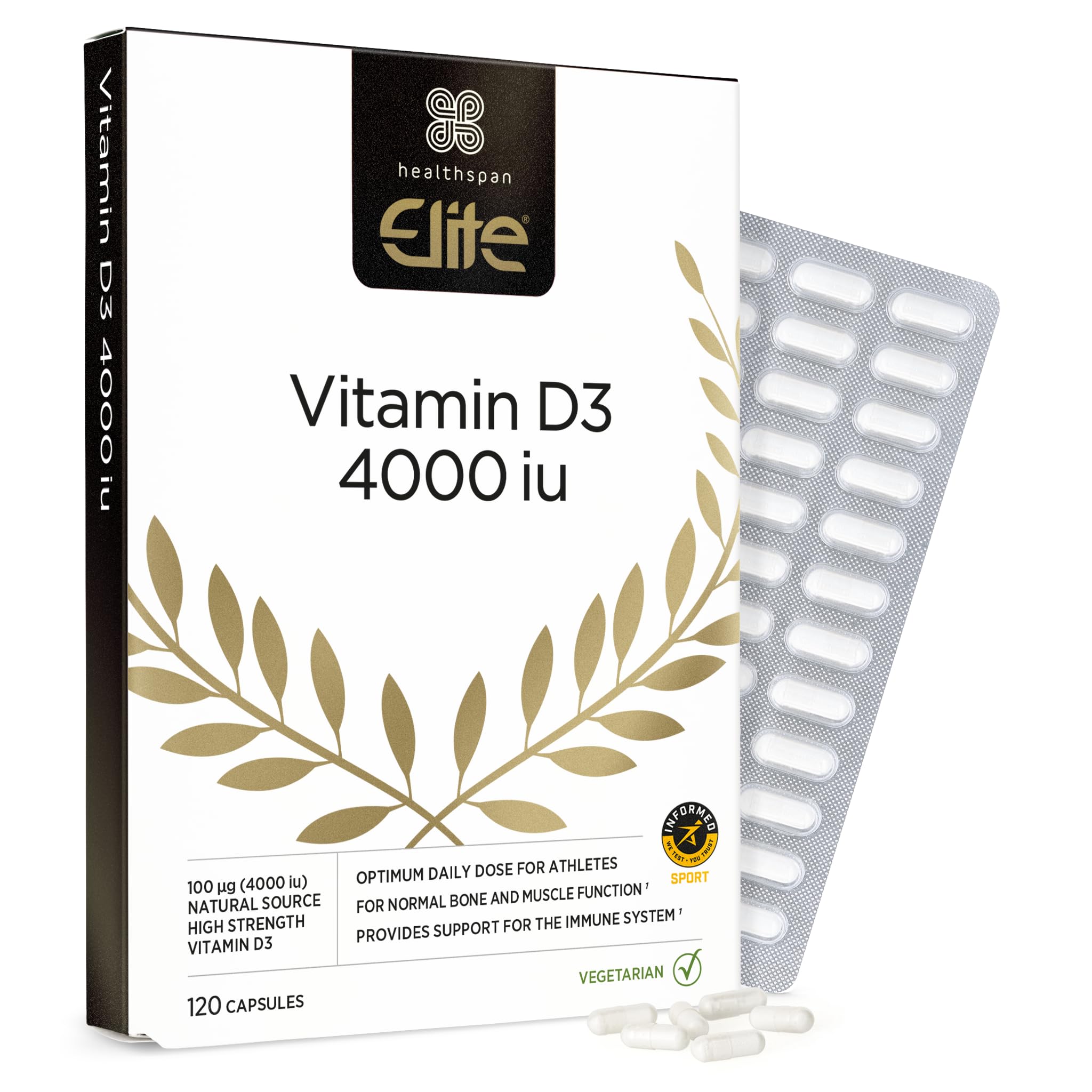 Healthspan Elite Vitamin D3 4,000iu | 120 Capsules | All Blacks Official Partner | Support Immune, Muscle & Bone Health | Optimal Dose to Overcome Deficiency | Informed-Sport Accredited | Vegetarian