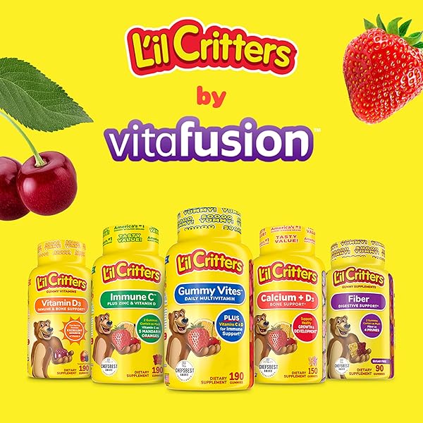 L’IL CRITTERS CALCIUM + D3 DAILY GUMMY SUPPLEMENT FOR KIDS, FOR BONE SUPPORT, ORANGE, STRAWBERRY AND CHERRY FLAVORS, 150 GUMMIES