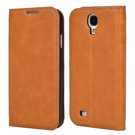 Mulbess Ledertasche im Ständer Book Case für Samsung Galaxy S4 Tasche Hülle Leder Etui,Cognac Braun