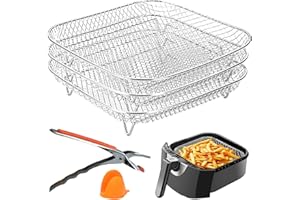 GEOLINHOME Air Fryer Racks 3pcs Stackable Set - 304 Stainless Steel Mesh Baskets, Multi-Use for Air Fryer, Steamer, Oven. Dishwasher Safe and Gripper Clip Included.