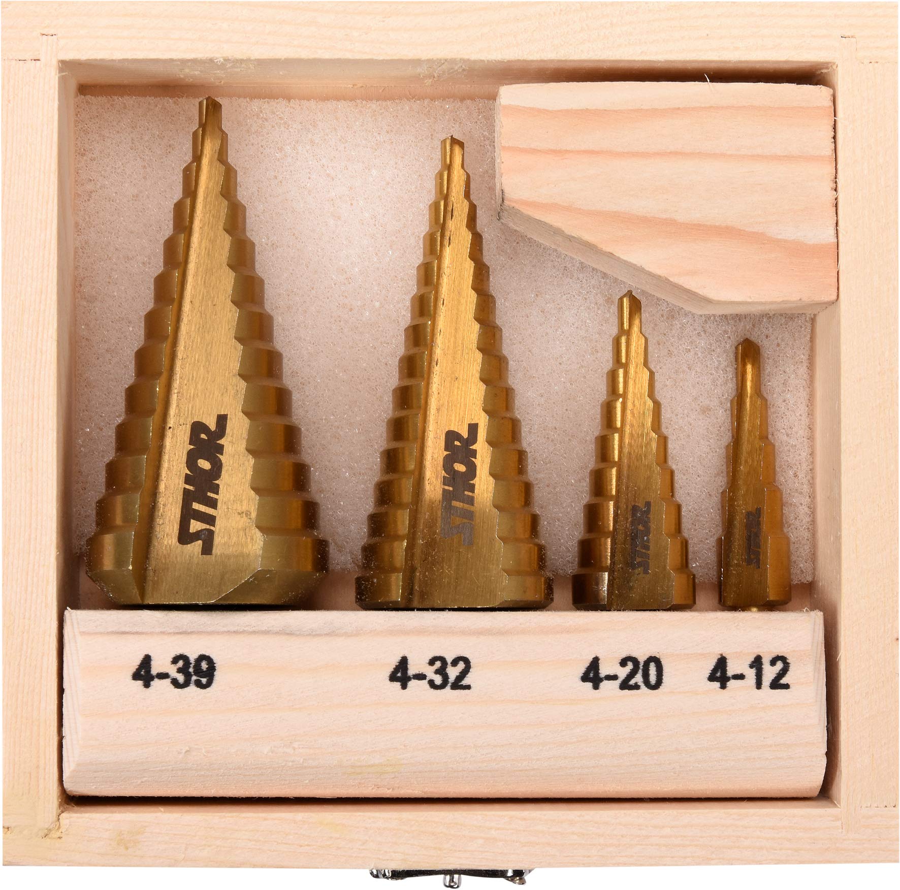 Sthor HSS Titanium Step Drill Bit for Metal, Wood, Plastic - Choice of Sizes 4-12/4-20/4-32/4-39 mm or as a Set - Automatic Conical Centring (4-12 mm, 4-20 mm, 4-32 mm, 4-32 mm, 4-20 mm, 4-32 mm, 4-0