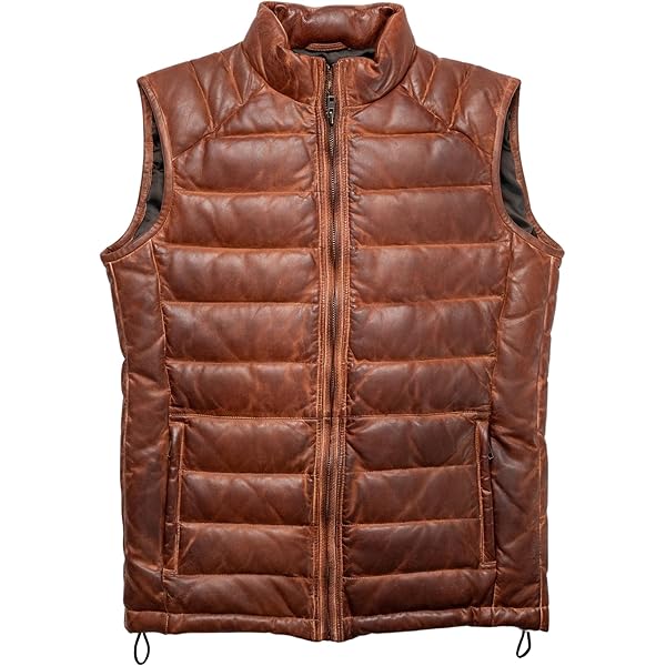 GOKTOG Mens Distressed Brown Leather Puffer Vest, Lambskin Leather