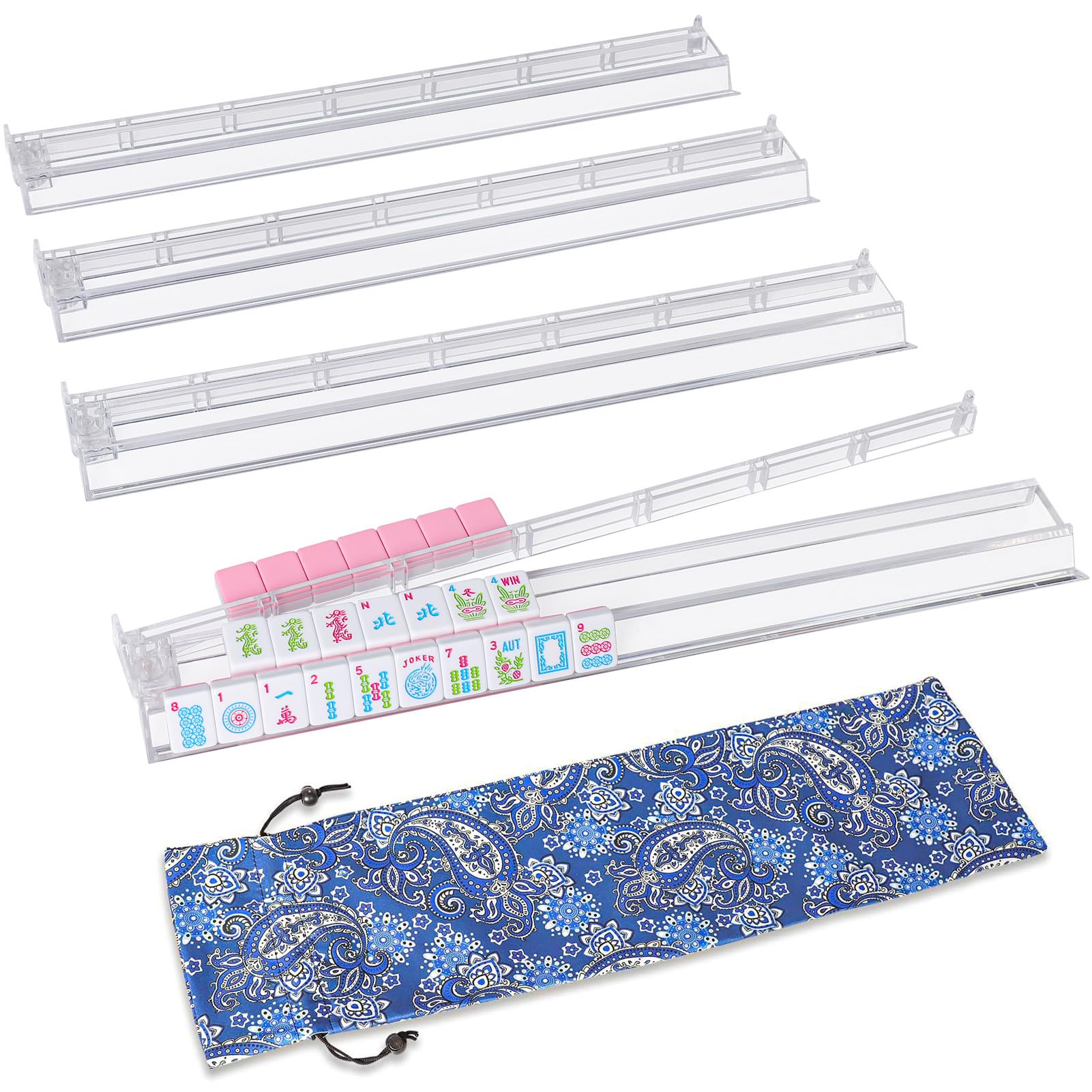GUSTARIA 19.7'' Clear Mahjong Racks with Pushers, 4 Piece Set Mahjong All-in-One Tile Pusher and Rack, American Mahjong Accessories (Transparent)