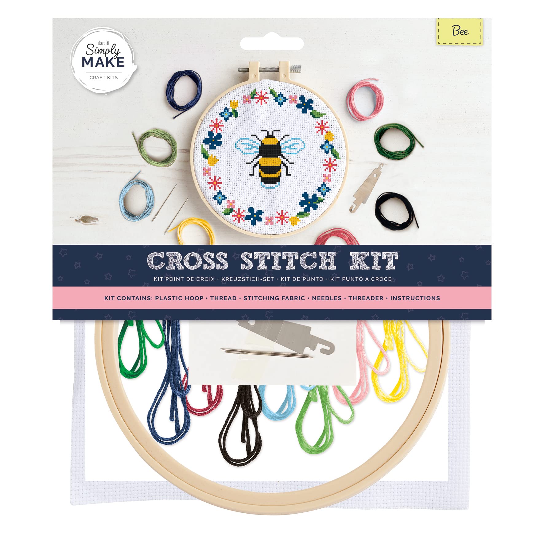 Simply Make Cross Stitch Kit - Bee Design for Kids and Adults, Including Hoop, Embroidery Thread, Fabric and Needle - Perfect for Adult Crafts and Beginners - Starter Cross Stitch Craft Kit — image 1