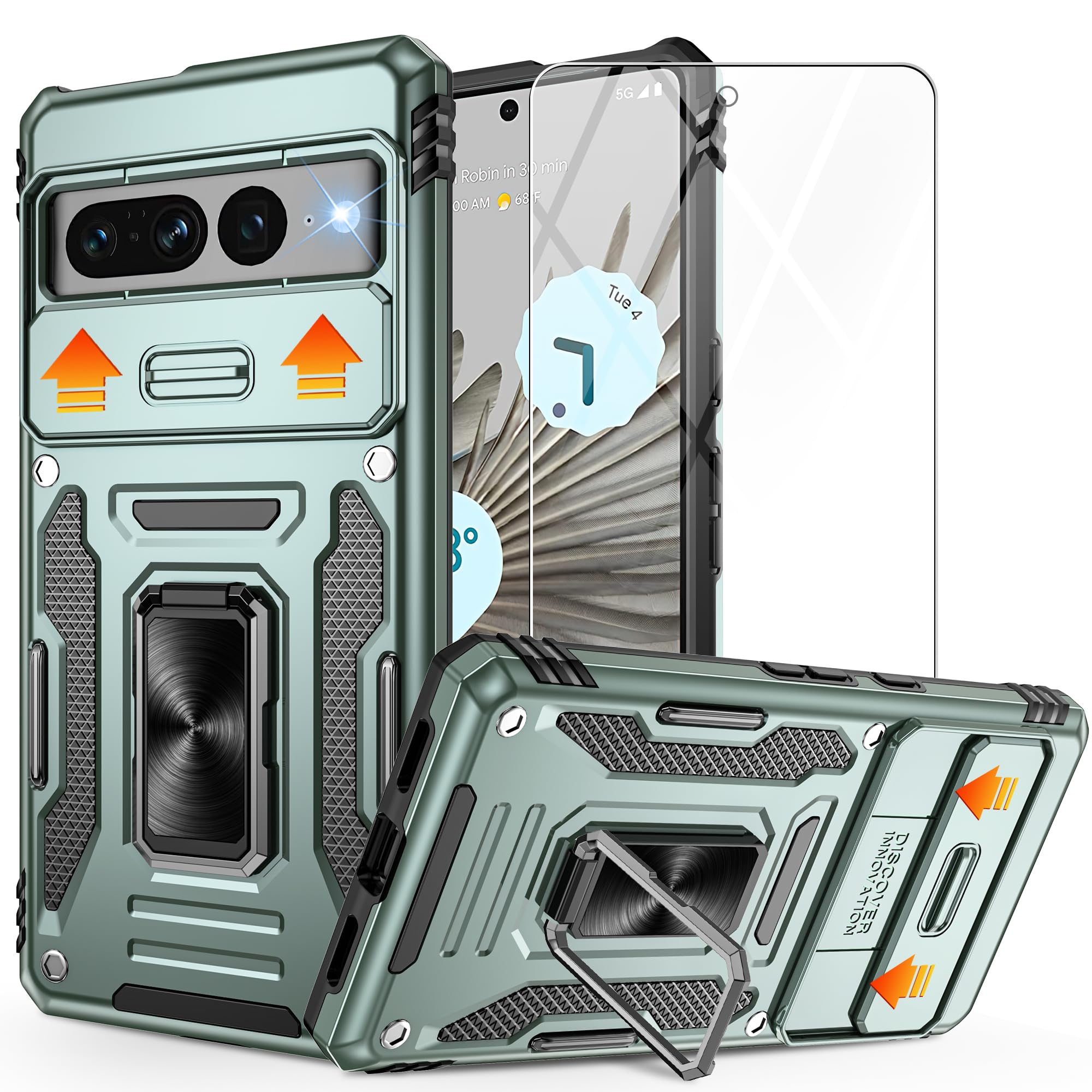 for Google Pixel 7 Pro Case,with Slide Camera Cover & HD Screen Protector,[Military Grade Drop Tested] Shockproof Magnetic Kickstand Case for Google Pixel 7 Pro，Alpine Green