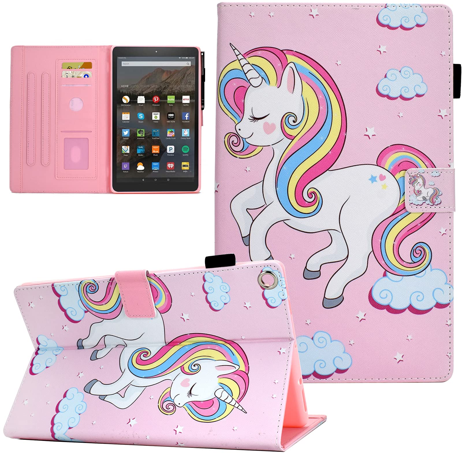 Case for Amazon Fire HD 10 Tablet (9th Generation 2019, 7th Generation 2017), NOT fit New 2022 2023 Release 11th 13th Gen, Premium PU Leather Stand Cover with Smart Auto Wake/Sleep, Cute Unicorn