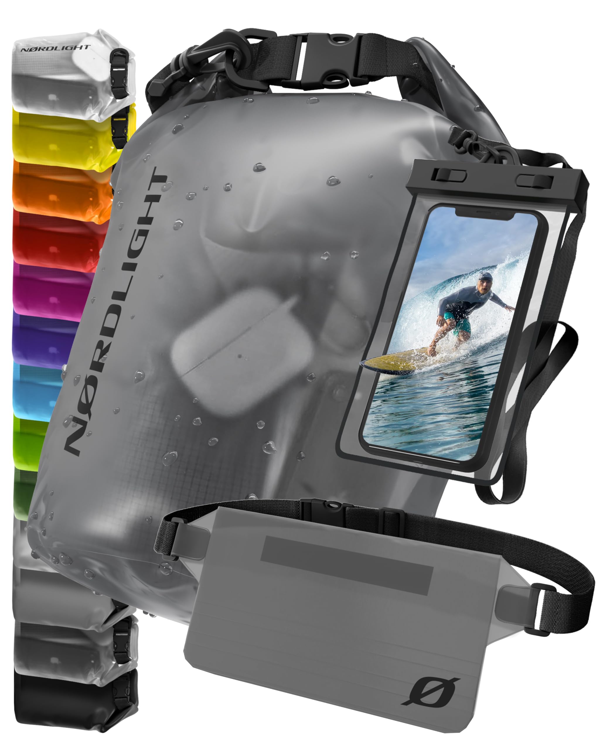 Nordlight Waterproof Dry Bag with Phone Pouch and Fanny Pack - (20L, Anthracite Frosted) Waterproof Dry Sack with Roll Top Closure | Swimming, Boating, Beach, Stand Up Paddling