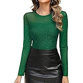 AKEWEI Womens Sexy Sheer Mesh Long Sleeve Tops Crew Neck Double Layered Tee Shirts Going Out Party Club Night Lace Blouse