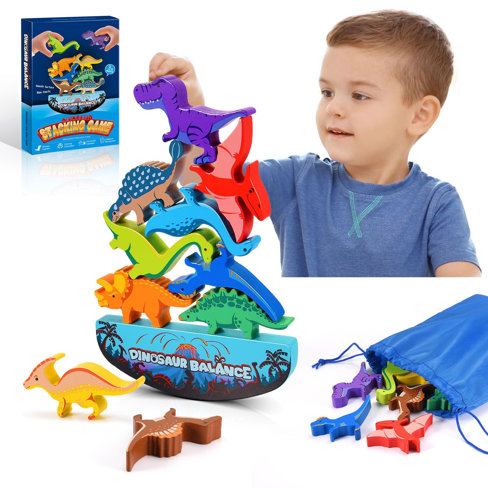 DejaNard Toys for 3-9 Year Old Kids, Wooden Stacking Toys and Building Blocks for 3 - 8 Year Olds, Dinosaur Themed Toys and Games for Boys and Girls