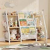 GoTiling Kids Bookshelf and Toy Organizer: 3-Tier Book Shelf for Kids Room, Sling Book Shelf Toddler Montessori Bookcase with Toy Storage for Nursery, Bedroom, Playroom (Burlywood)