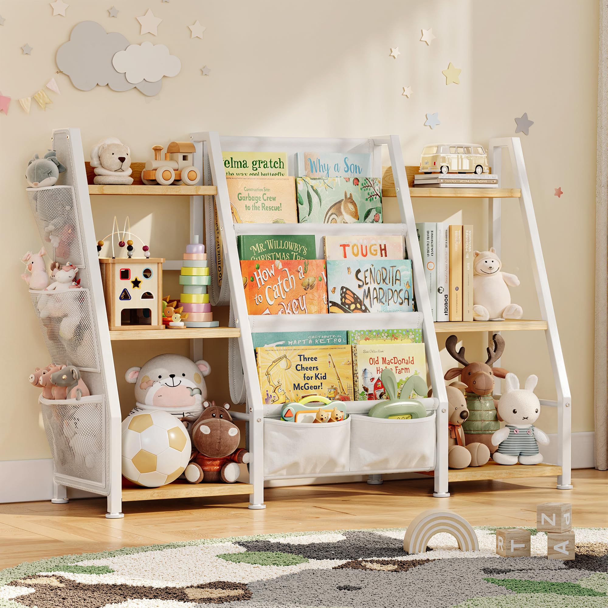 Photo 1 of Kids Bookshelf and Toy Organizer: 3-Tier Book Shelf for Kids Room, Sling Book Shelf Toddler Montessori Bookcase with Toy Storage for Nursery, Bedroom, Playroom (Burlywood)
