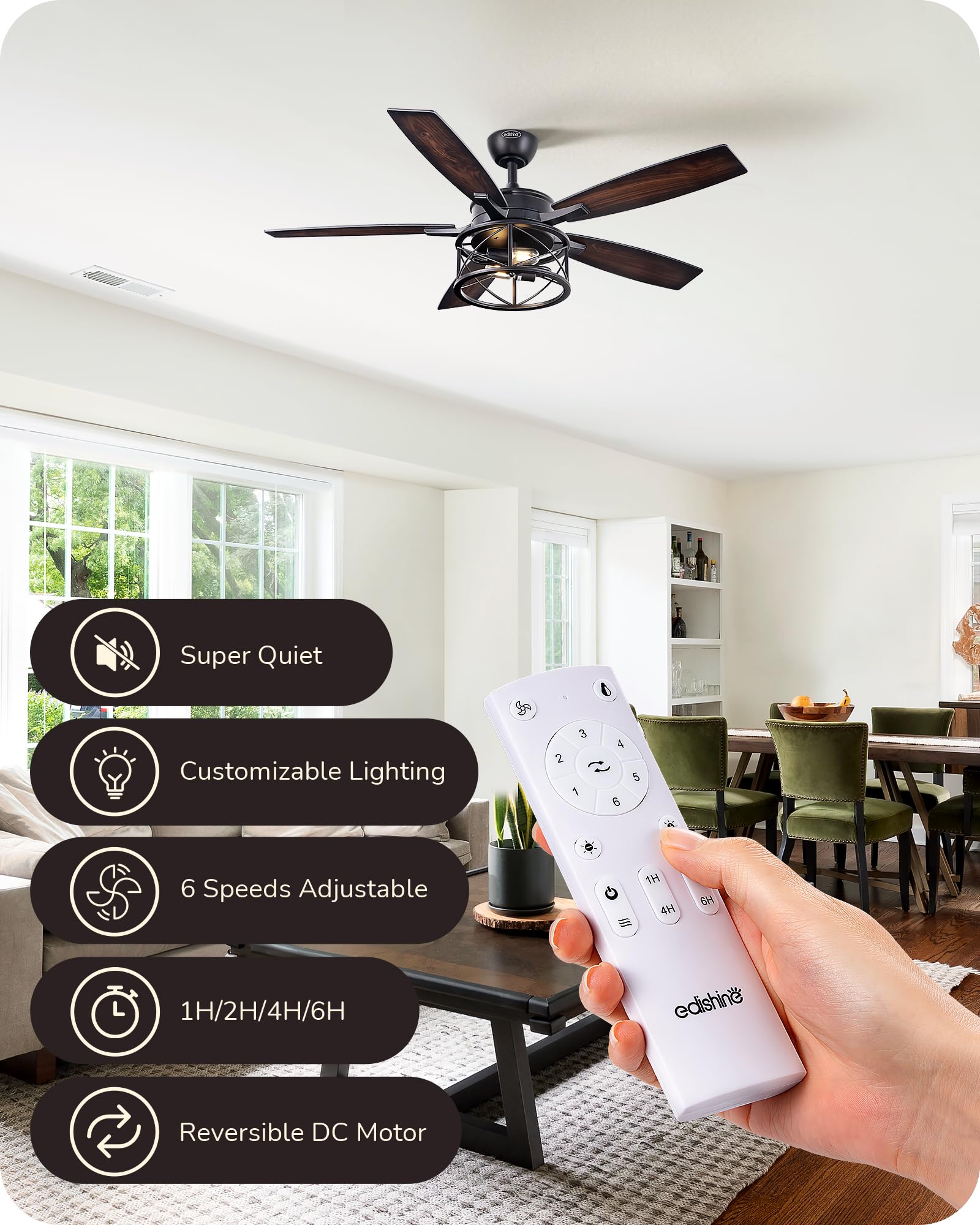 EDISHINE 52 Inch Farmhouse Ceiling Fans with Lights, Remote Control, 5 Wooden Blades, Dimmable, Timer, 6 Speeds Reversible DC Motor, Rustic Lighting & Ceiling Fan for Bedroom Living Room, UL Listed