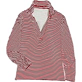 Zontroldy Women's Fuzzy Fleece V Neck Pullover Sweatshirt Jacket Long Sleeve Solid Henley Shirt Sherpa Top(1556-RedStripe-XL)