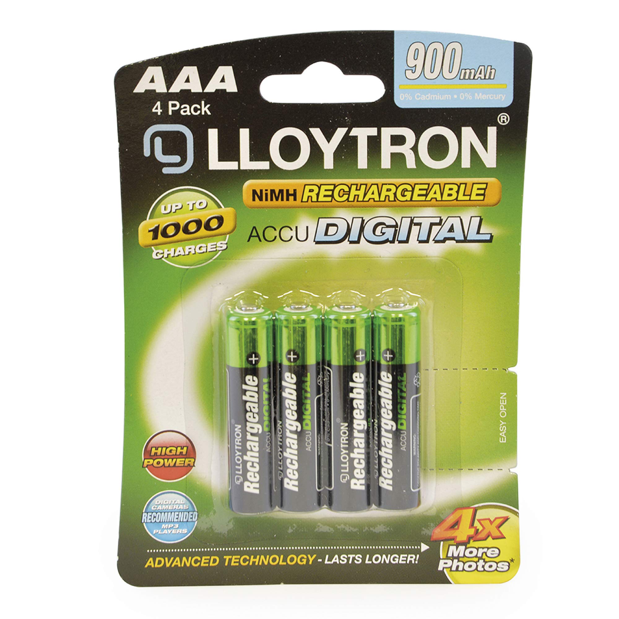 LLOYTRON NiMH Rechargeable AccuDigital Batteries / AAA Size / 900mAh / 4 Pack - B015