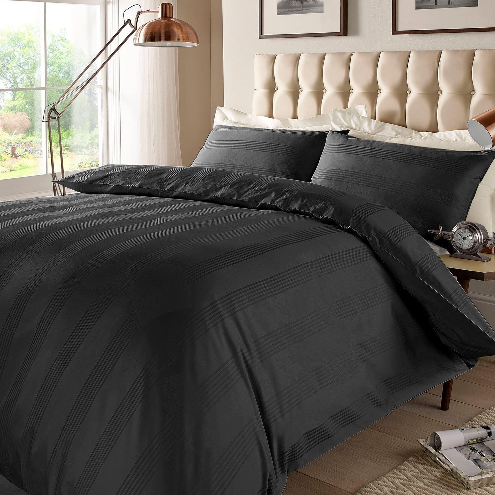 ED Luxury 400 Thread Count Duvet Cover Set | 100% Egyptian Cotton Soft & Comfortable Hotel Quality Satin Multi Stripe Bedding Set (Super King, Black)