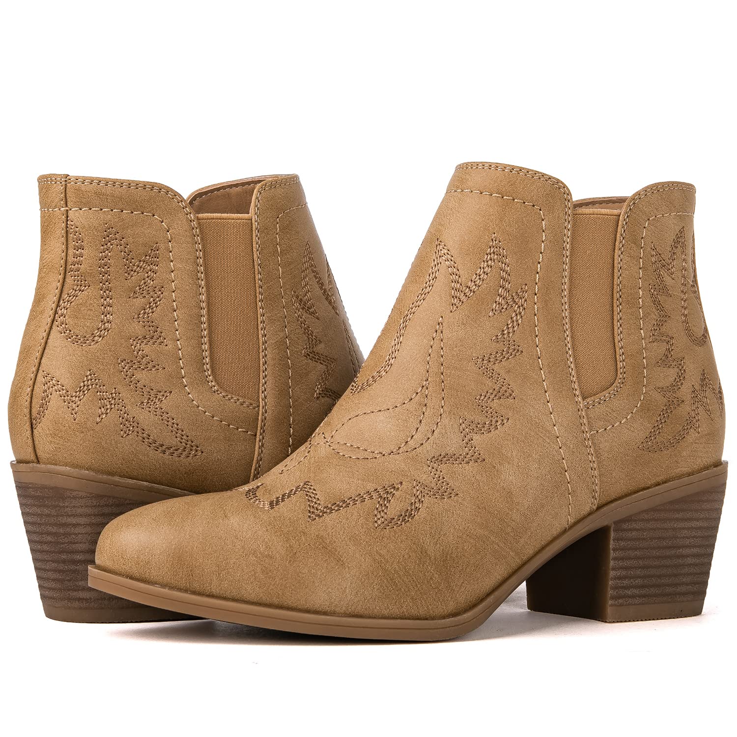 Photo 1 of GLOBALWIN Cowboy Boots For Women Western Style Comfortable Pull On Short Ankle Cowgirl Boots Low Heel Khaki Size 11M