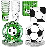 Domensi 200 Pcs Soccer Birthday Party Supplies for 50 Guests Includes 7 Inch 9 Inch Soccer Paper Plate 9 oz Disposable Cups and Napkins for Soccer Party Tableware Set