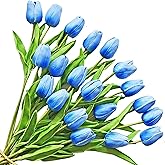 ONLY ART Artificial Light Blue Tulips 20 Pcs – 13.5 Inch PU Faux Flowers with Bendable Stems for Home Décor, Wedding Centerpieces, DIY Floral Arrangements, New Year and Valentine's Day