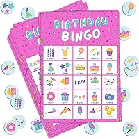 Markt Pink Birthday Bingo for Kids, 23 Players, Indoor Party Game, Bingo Cards & Stickers, Ages 8-12