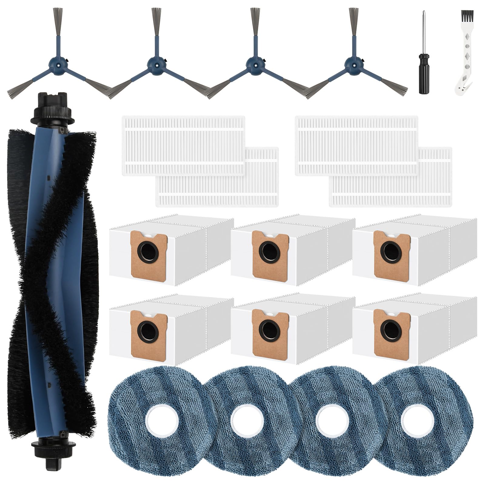Photo 1 of 21 Pcs Accessories Kit Compatible with eufy Vacuum Omni C20, Replacement Parts include 1 Main Brush, 4 Side Brushes, 6 Dust Bags, 4 Mop Pads, 4 Washable Filters, 1 Cleaning Tool and1 Screwdriver