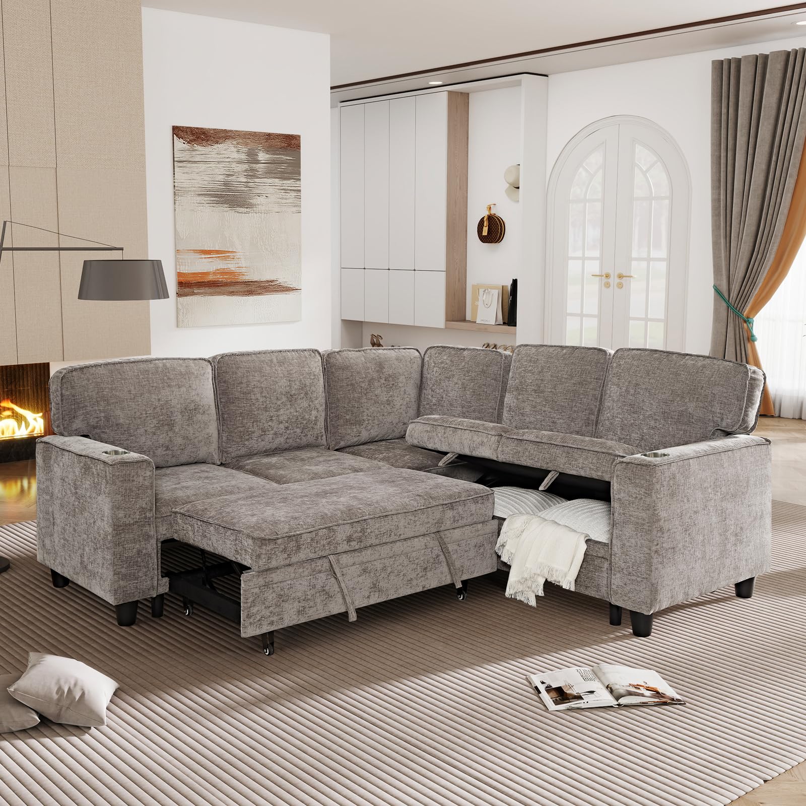 View 1 of ***PARTIAL SET - ITEM INCOMPLETE***KEIKI 81" L-Shaped Oversized Chenille Modular Sectional Sleeper Sofa with Pull-Out Bed, Storage Seat, Modern 5-Seater Upholstered Couch Bed with Charging Station, Easy Assembly, for Living Room, Brown