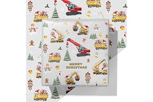 ZINTBIAL Construction Truck Christmas Wrapping Paper - Xmas Gift Wrap with Excavators, Santa,Trees, Snowmen & Gingerbread Men Design - for Kids & Adults Gift Wrapping - 40×28 Inches, 4 Folded Sheets