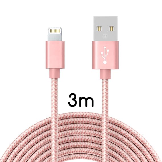Coverlounge Lightning Kabel 3m / 3 Meter Nylon Lightning-Ladekabel kompatibel für Apple: iPhone XS/X, XR, XS Max, 8/7/6/5/SE,