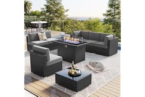 LayinSun 8 Piece Patio Furniture Set with 44" Propane Gas Fire Pit Table, Outdoor Sectional Conversation Set Wicker Rattan Sofa Set with Coffee Table