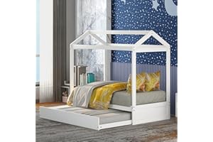 BELLEMAVE House Bed with Trundle for Kids and Toddlers, Wood Twin Size House Bed Frame, Can Be Decorated, White
