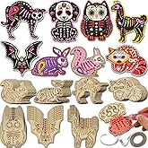 56 Sets Halloween Sugar Skull Crafts Day of Dead Animal Skeleton Unfinished Wooden Ornament DIY Painting Make Your Own Dia De Los Muertos Decorations Mexican Fiesta Blank Cutout Hanging Slices