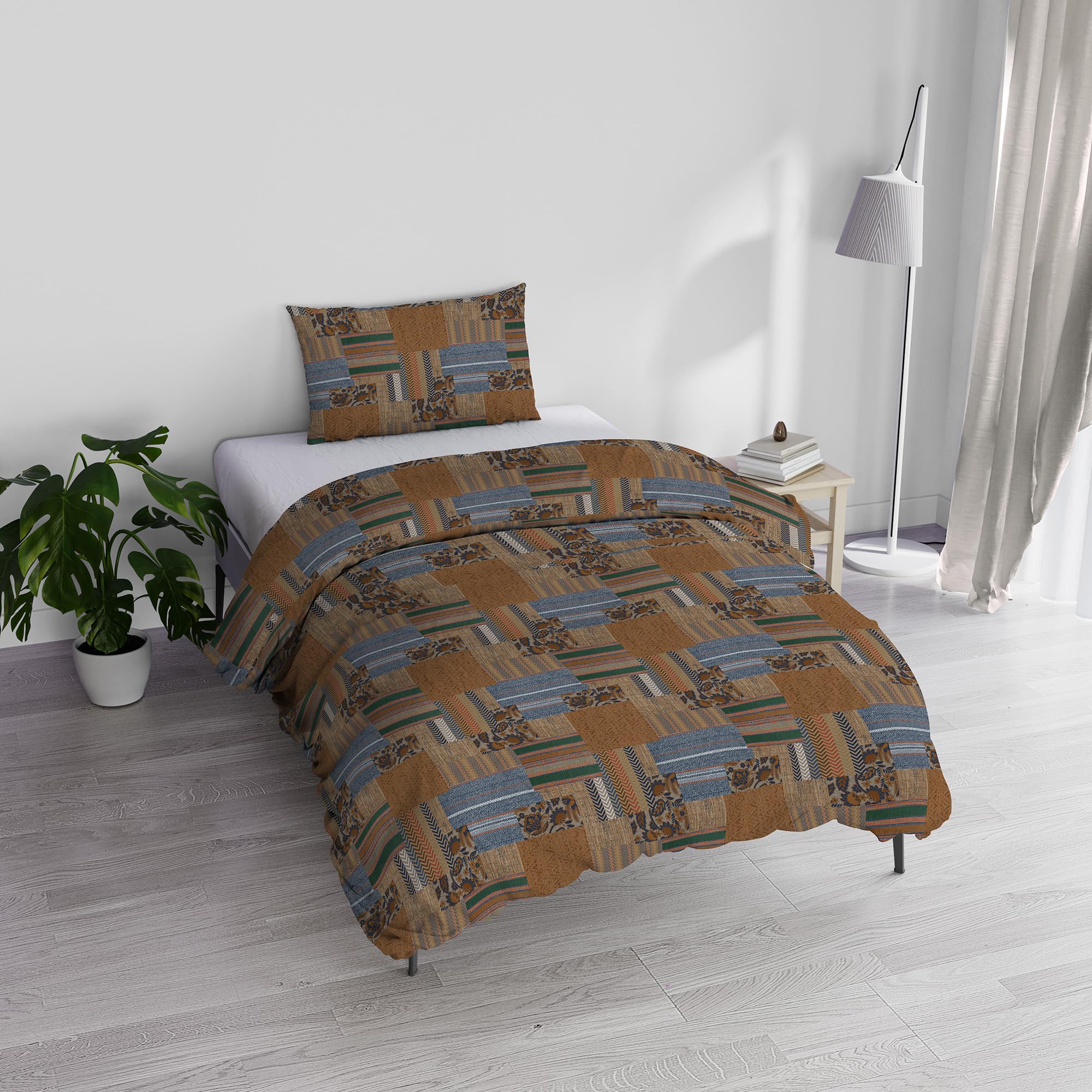 Italian Bed Linen Athena Set with Printed Duvet Cover and Pillowcases, Cotton, Adana Earth, Single