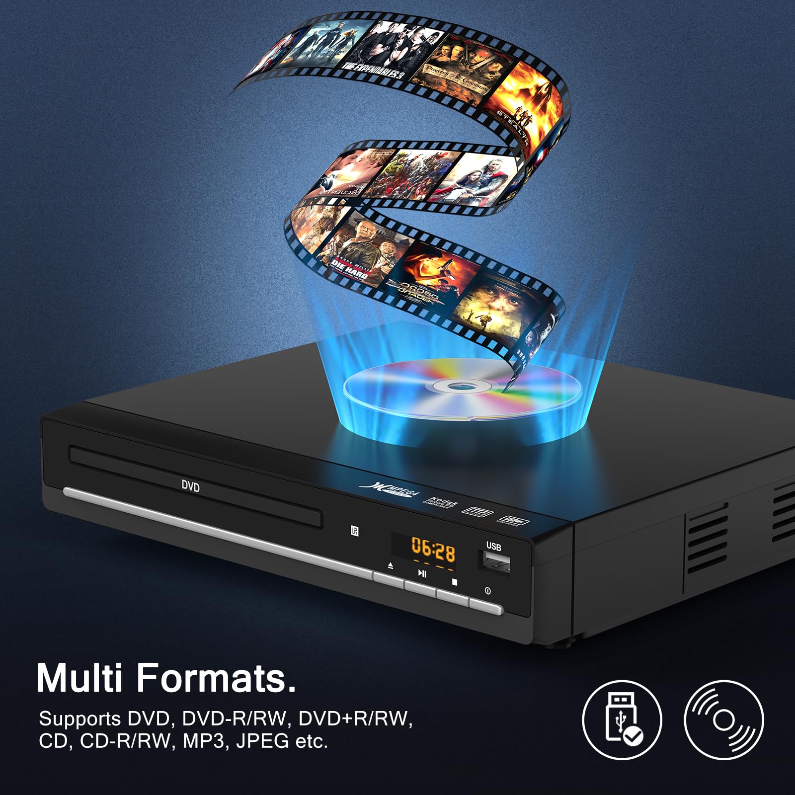 DVD Players for TV with HDMI,Plays All Regions and Formats,CD Player for Home,Support 1080P Video/CD/DVD/VCD/JPEG/USB, Remote, HDMI and RCA Cables Included (Normal Version)
