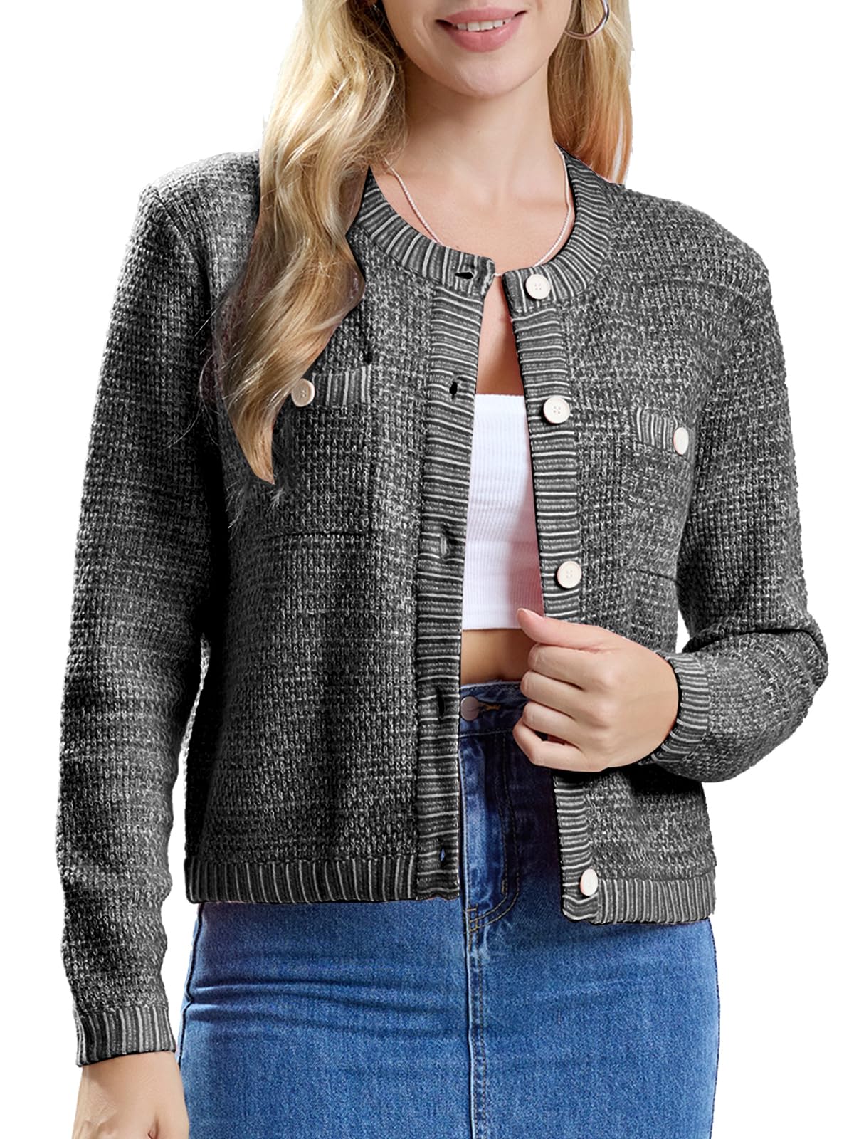 Photo 1 of ALLOVIN Women’s Wool Blend Tweed Knit Cardigan Open Front Button Down with Pockets, Texture Knit Jacket | Black | X-Large