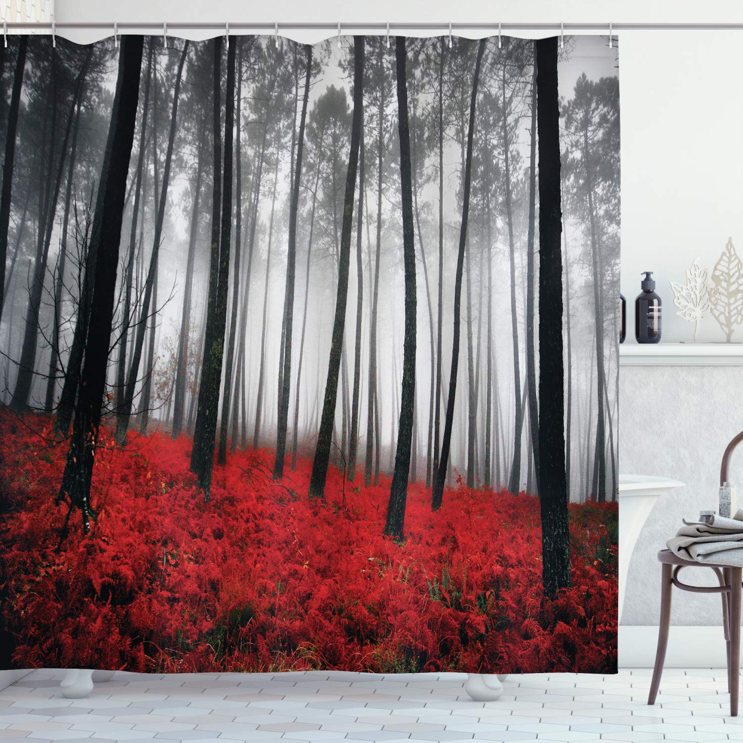 ABAKUHAUS Forest Shower Curtain, Mystical Fantasy Woodland Under Heavy Fog Tall Trees Bushes Contrast Colors, Cloth Fabric Bathroom Decor Set with Hooks, 175 x 220 cm, Black Red Light Grey — image 1