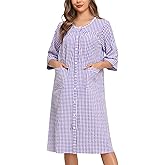 YOZLY Nightgowns for Women Cotton Snap Front Housecoat 3/4 Sleeve Housecoat with Pockets S-3XL