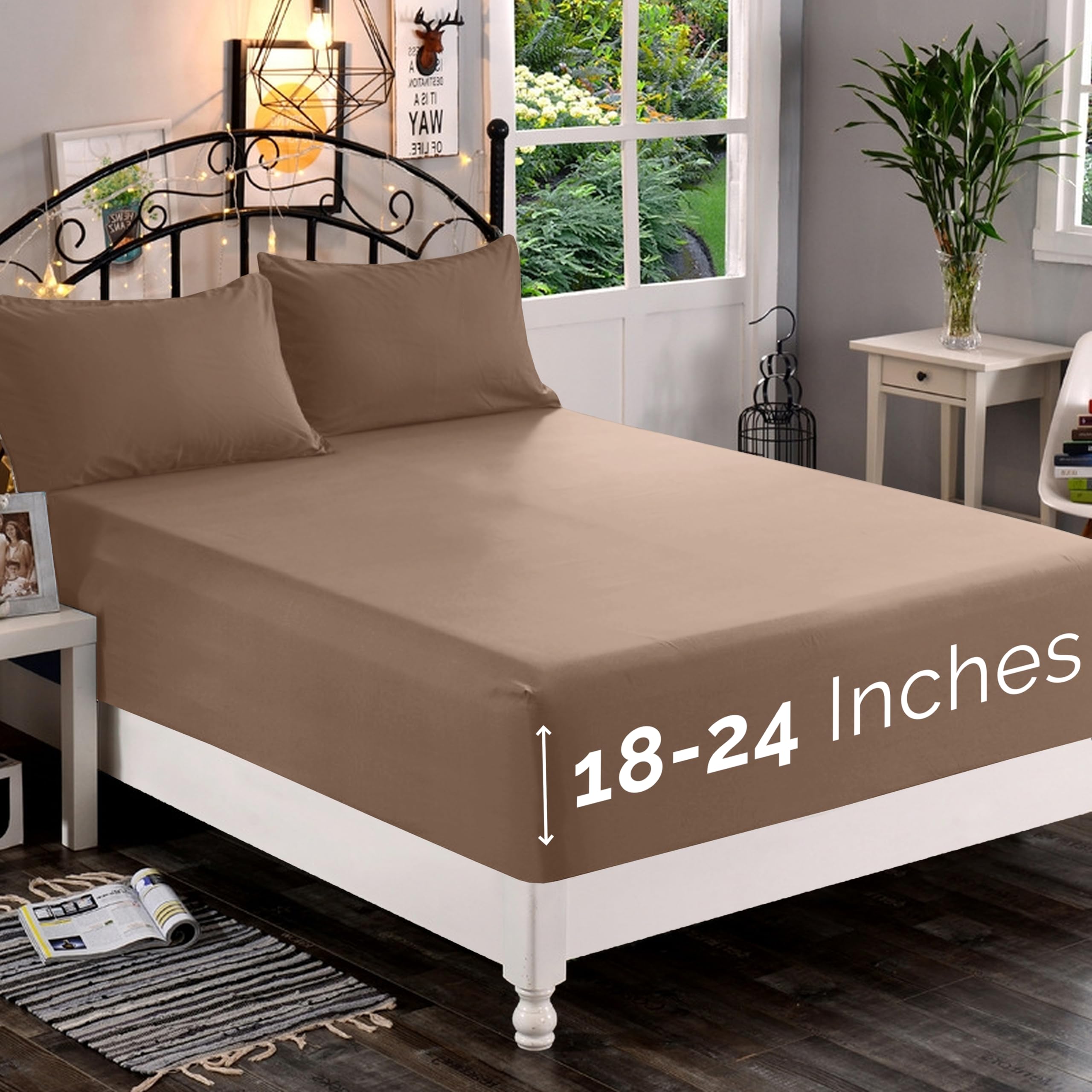 Photo 1 of Elegant Comfort 1500 Premium Quality Fitted Sheet Ultra Soft 18-24 Inch Extra Deep Pocket - Single Fitted Sheet for High Mattress - Wrinkle Free with Smart Storage Pockets, California King, Taupe