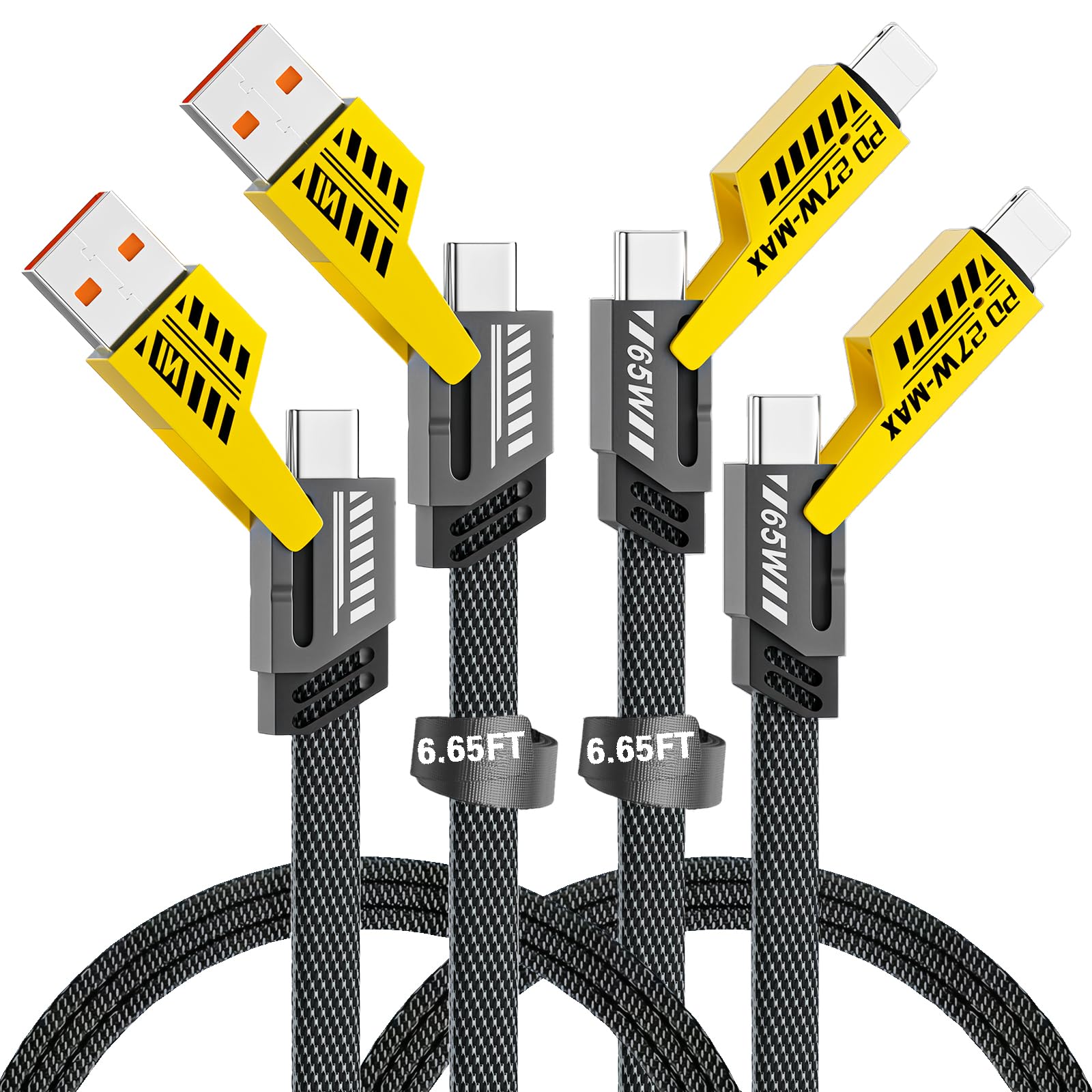 Photo 1 of 2 Pack 4 in 1 Multi Fast Charging Cable(Up to 65W & Data Sync), 6.65 FT Cable with USB A to C/USB C to C/USB A to Apple-Device/USB C to Apple Device, Compatible with iPhone 7-17/Pad/Android/MacBook