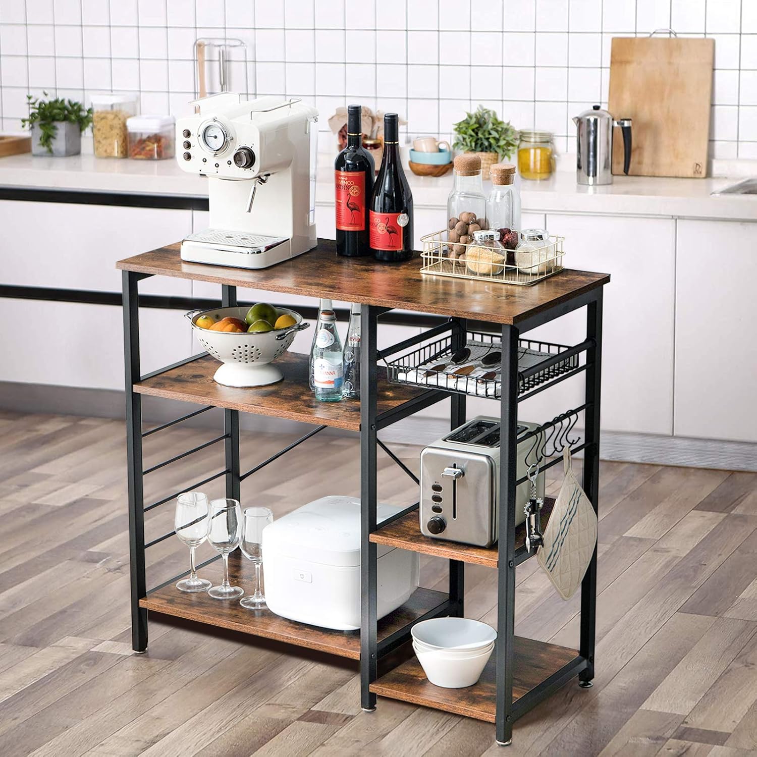 IBUYKE Industrial Kitchen Baker’s Rack, Coffee Bar, Utility Storage Shelf, Microwave Oven Stand, 4-Tier+3-Tier Table for Spice Rack, Simple Assembly TMJ021H - Standing Baker's Racks