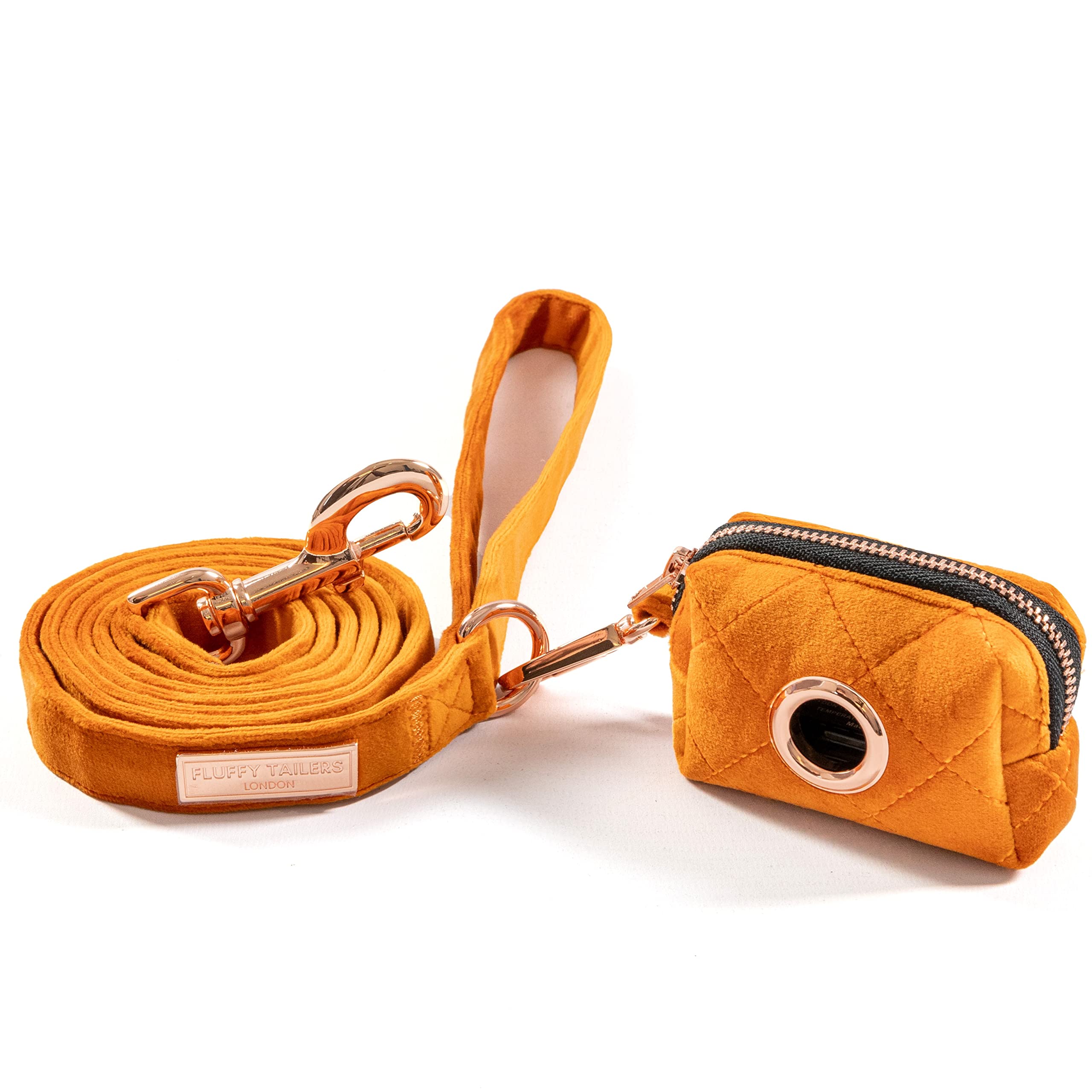 Fluffy Tailers Orange Velvet Dog Lead Leash and Poop Bag Holder - 152cm Length Lead