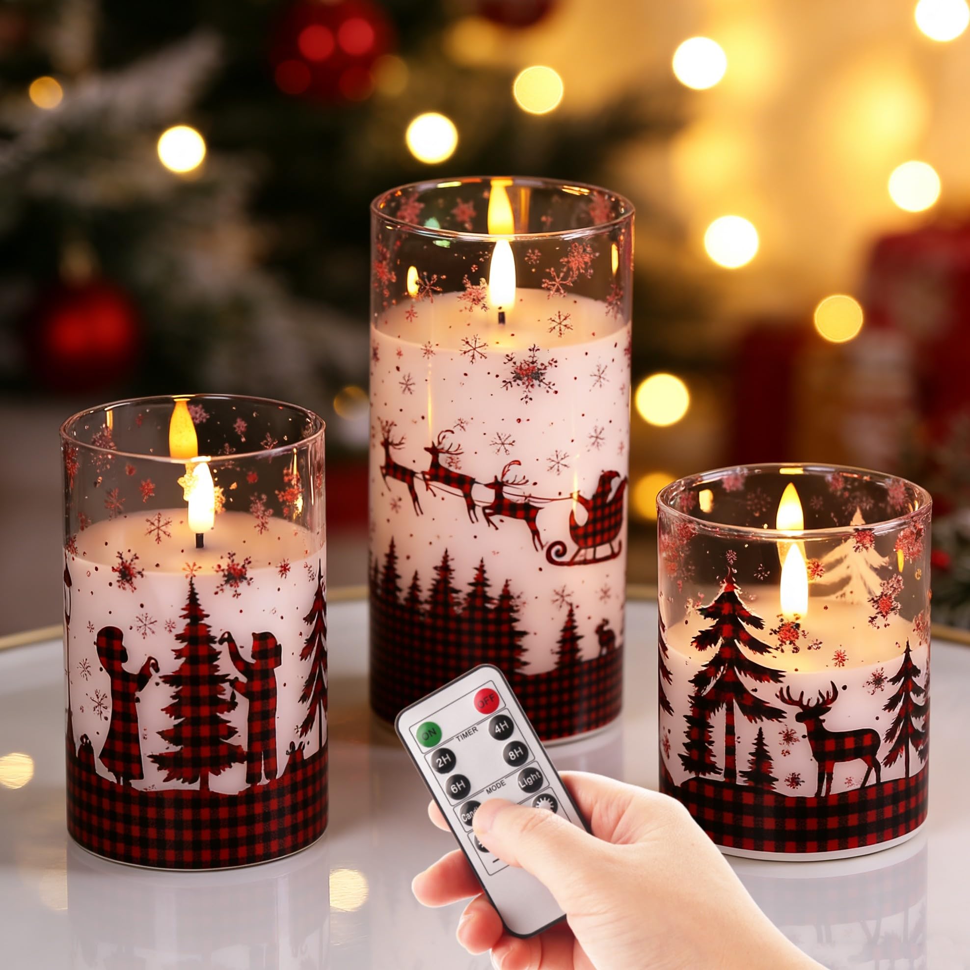 Eywamage Christmas Flameless Pillar Candles with Remote, Red Buffalo Plaid Table Decor, Flickering LED Pillar Candles Set of 3 Image