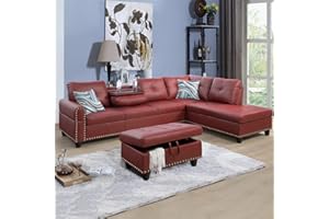 LOPOO 3-Piece Faux Leather Sectional Couch, Button Tufted Upholstered Modular Sofas with Chaise Lounge and Storage Ottoman, Large L-Shaped Living Room Sets w/Foldable Console and Cup Holder (Red)