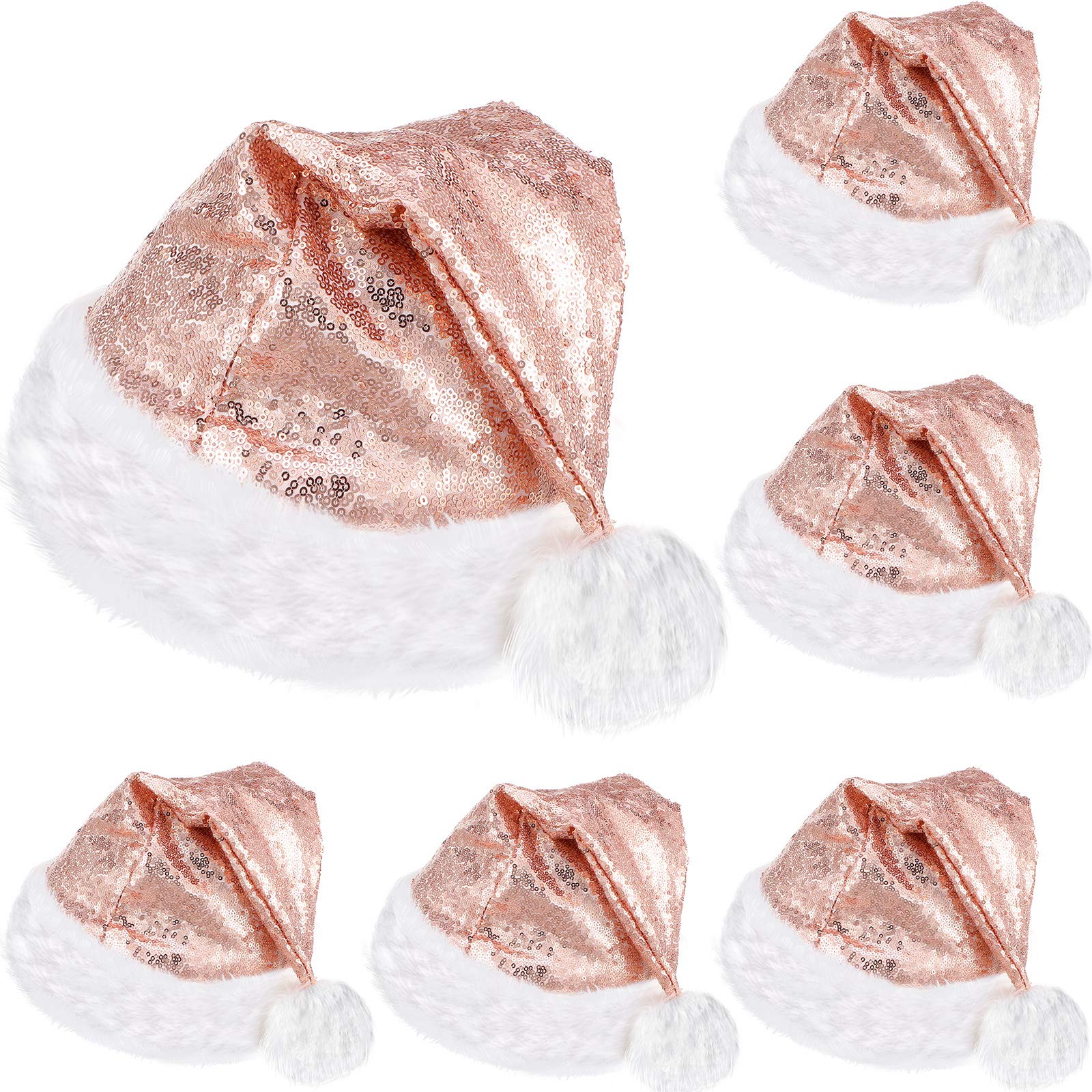 SATINIOR 6 Pieces Santa Hat Christmas Hat Claus Xmas Hat for Adults Unisex with Comfort Lining Plush Brim for Christmas New Year Party Supplies (Rose Gold Sequins,Adult Size)