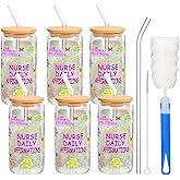 Kolewo4ever 6 Pieces Nurse Gift 16 Oz Nurses Can Glass Nurse Appreciation Gifts Coffee Cup with Bamboo Lid and Straw